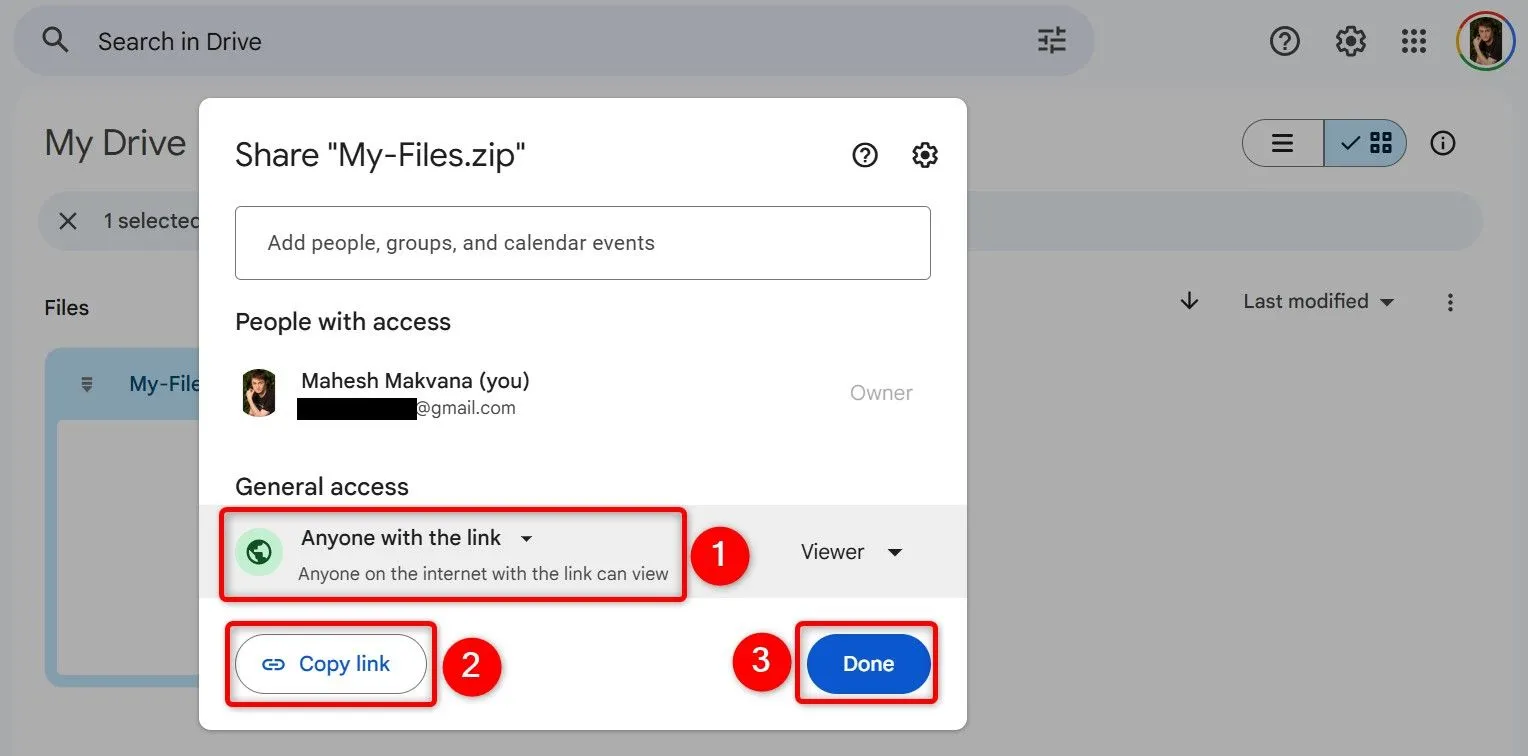 Màn hình tùy chọn lấy liên kết chia sẻ file trên Google Drive, cho phép truy cập công khai hoặc hạn chế.