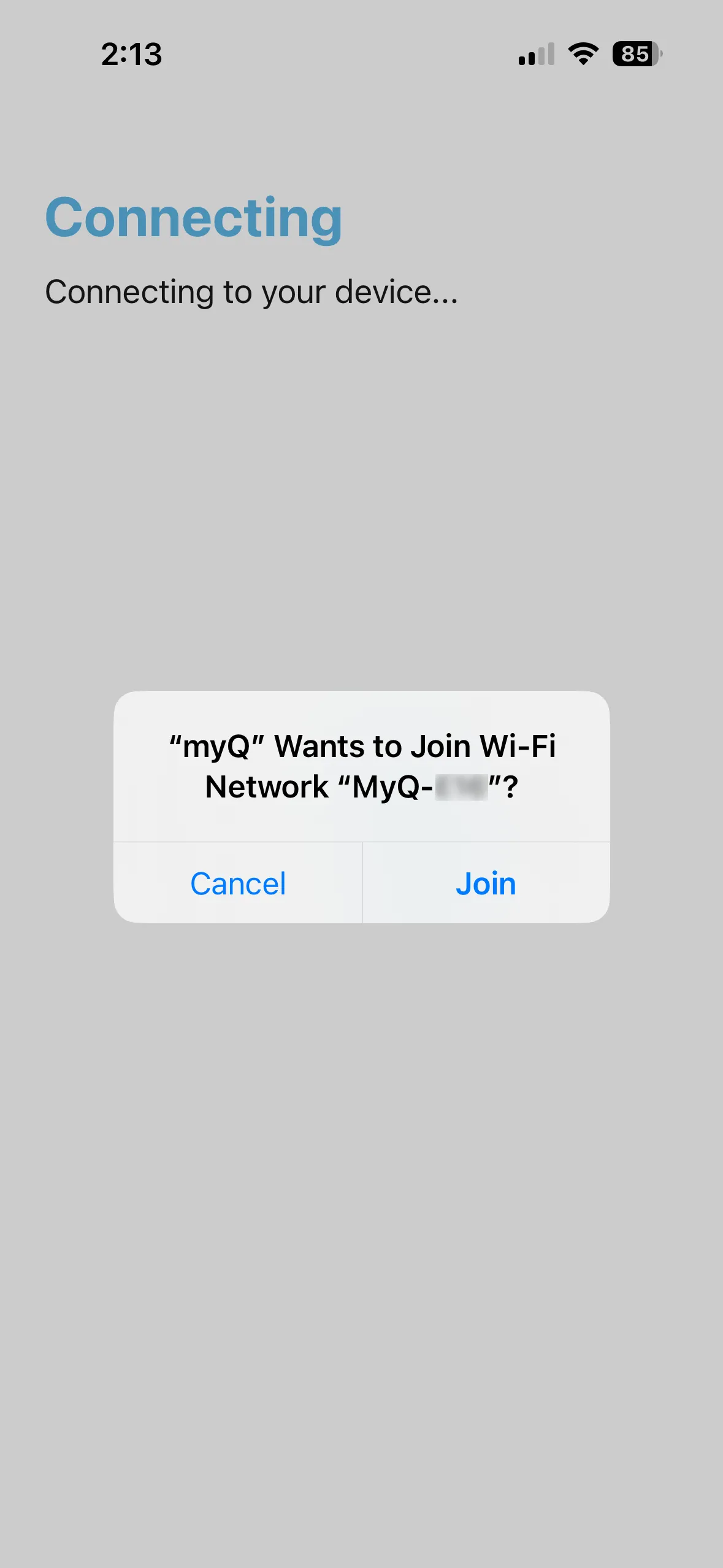 Màn hình ứng dụng MyQ iOS khi tham gia Wi-Fi MyQ.