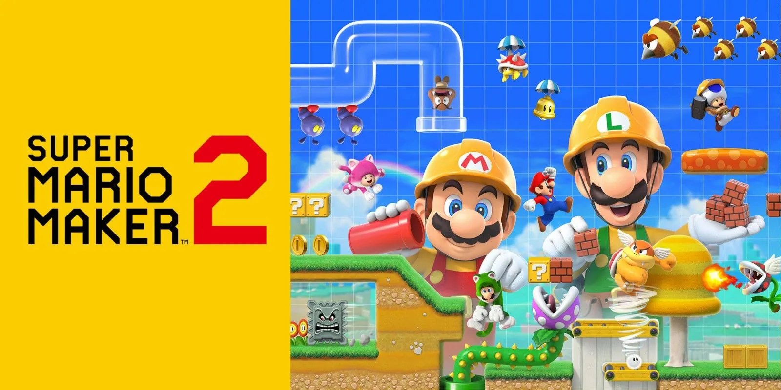 Mario và Luigi trong chế độ xây dựng màn chơi của Super Mario Maker 2.