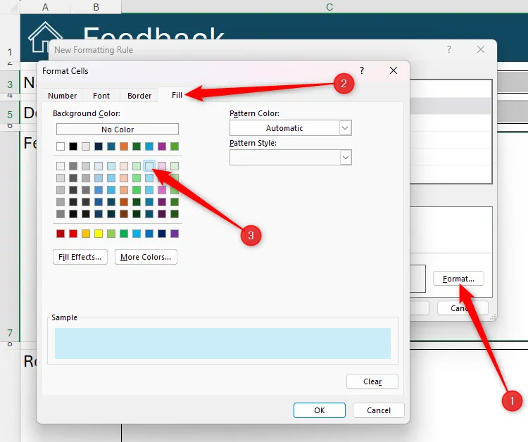Màu nền xanh nhạt được chọn trong tab &quot;Fill&quot; (Tô màu) của hộp thoại Format Cells để áp dụng định dạng có điều kiện cho các ô trống