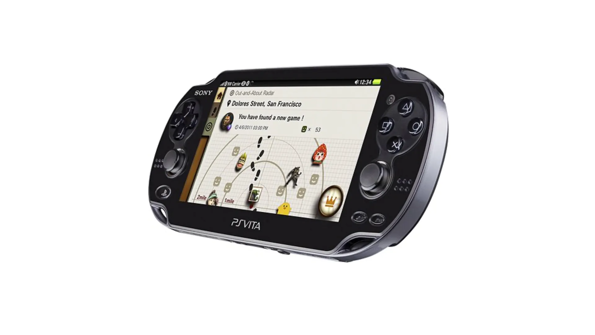 Máy chơi game cầm tay PlayStation Vita đang hiển thị một trò chơi từ góc nhìn nghiêng