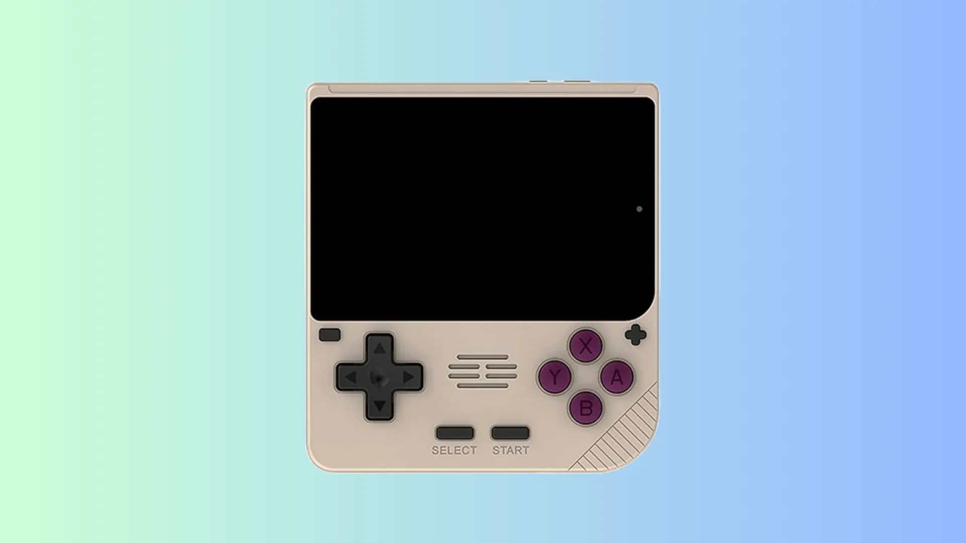 Máy chơi game cầm tay retro PowKiddy V10 màu xám trên nền xanh và xanh ngọc, lý tưởng cho Game Boy.