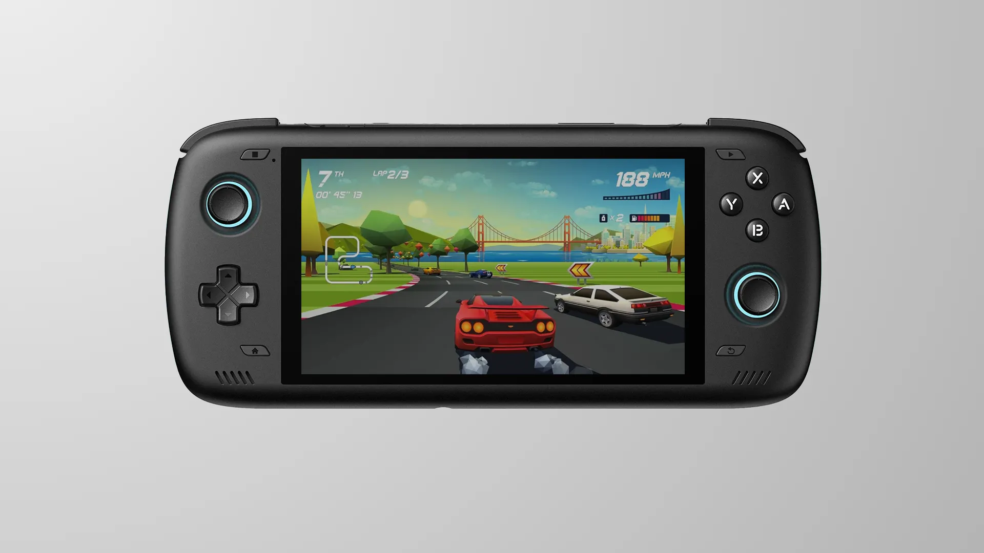 Máy chơi game retro cầm tay AYN Odin 2 màu đen trên nền xám, thiết bị giả lập đa năng mạnh mẽ.