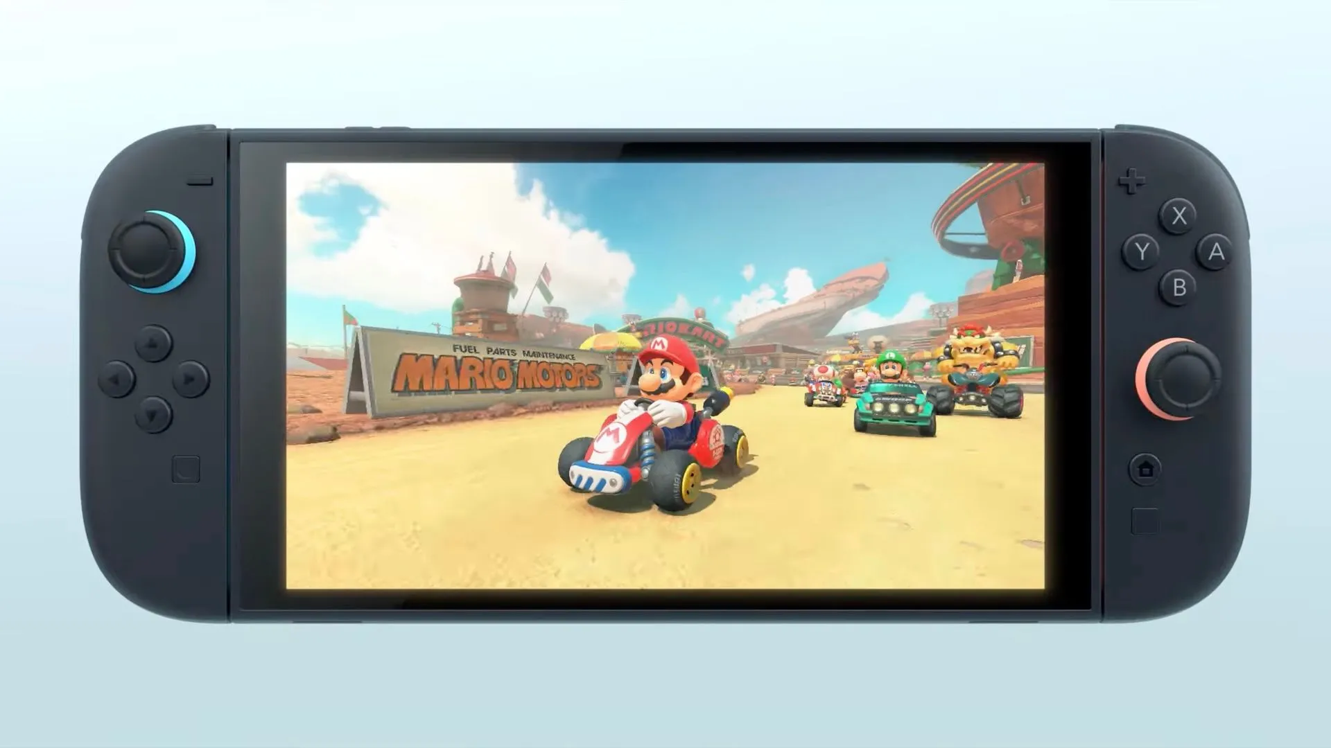 Máy chơi game Switch 2 đang chạy trò Mario Kart, minh họa màn hình LCD 7.9 inch với độ phân giải và tần số quét được nâng cấp