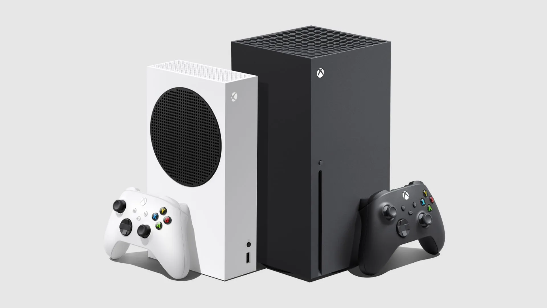 Máy chơi game Xbox Series X đặt cạnh Xbox Series S trên nền màu trơn