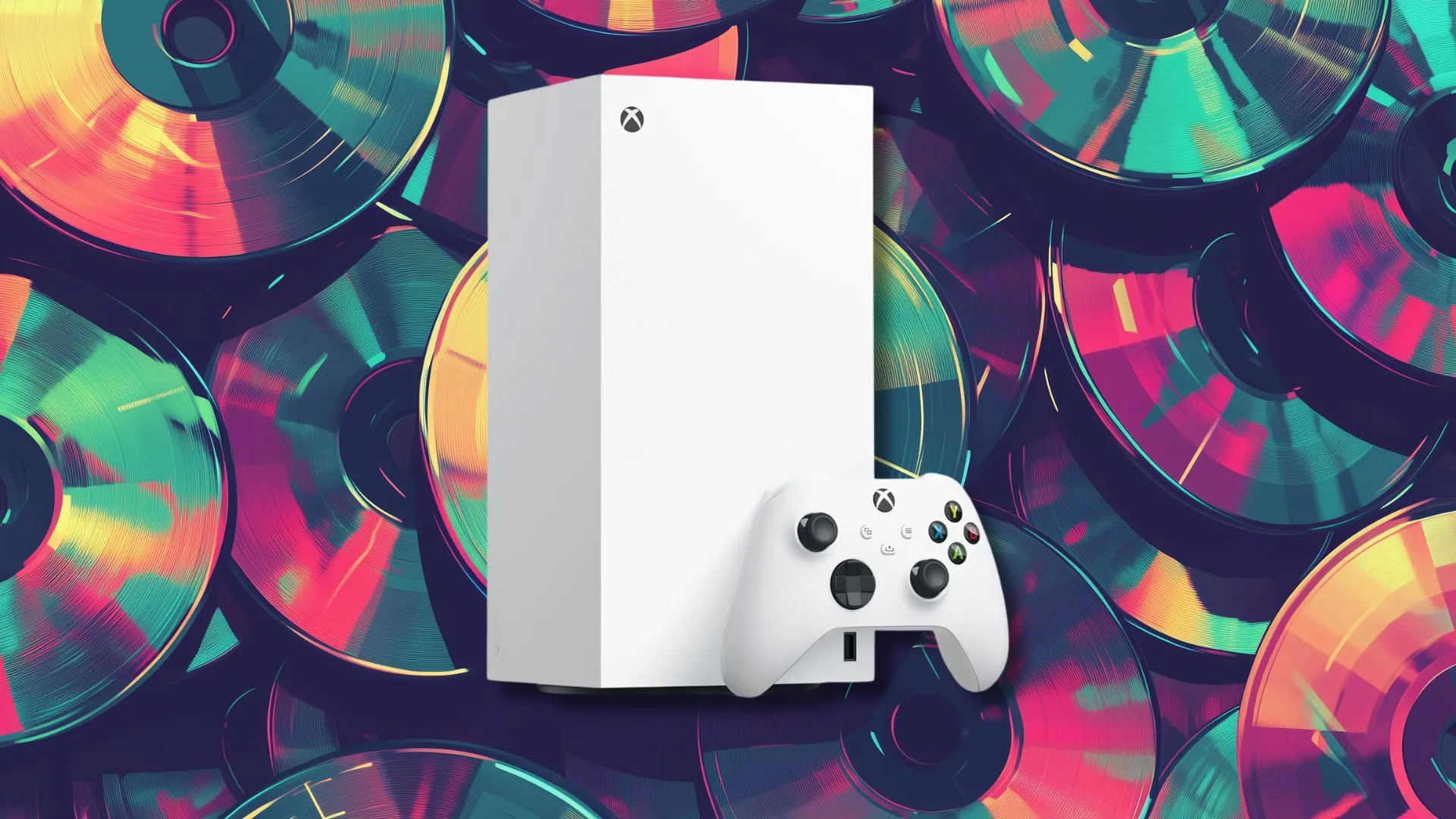Máy chơi game Xbox Series X màu trắng nổi bật trên nền đĩa game, tượng trưng cho quá trình chuyển đổi từ hình thức mua game vật lý sang dịch vụ game đăng ký và streaming.