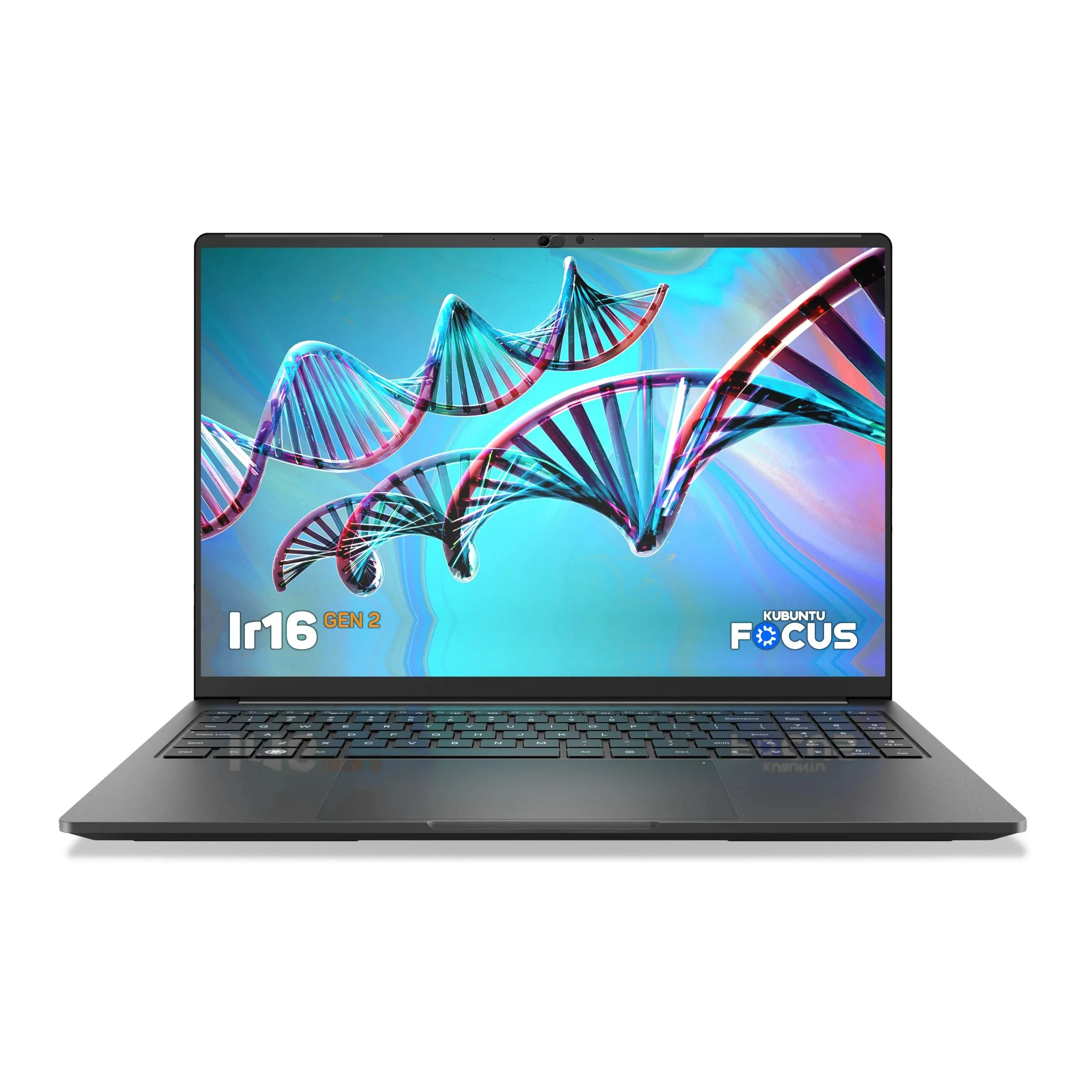 Máy tính xách tay Kubuntu Focus Ir16 Gen 2 trên nền trắng, một lựa chọn để trải nghiệm Kubuntu.