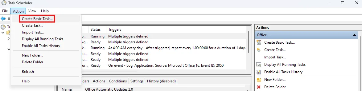 Menu Action trong Task Scheduler, cho phép người dùng tạo, import, hoặc quản lý các tác vụ tự động hóa.