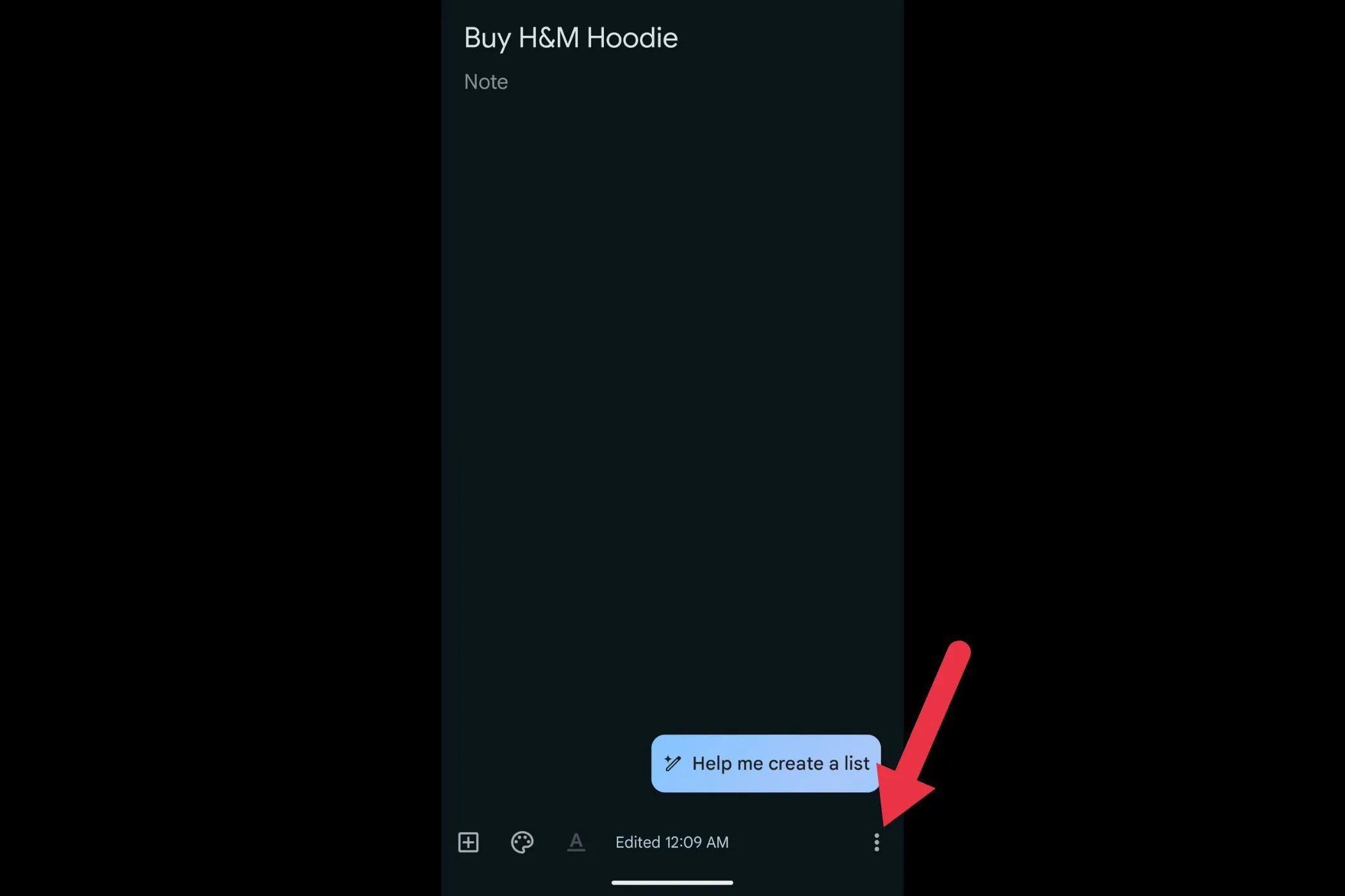 Menu ba chấm ở góc dưới cùng bên phải của ghi chú Google Keep để truy cập các tùy chọn khác.