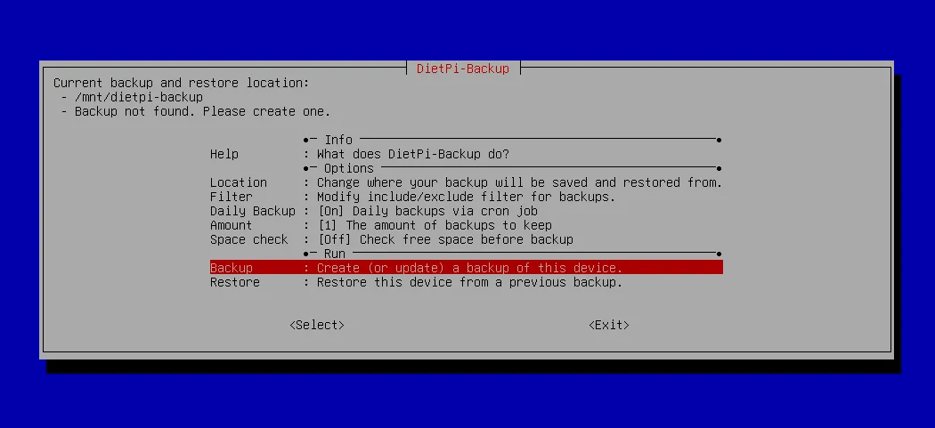 Menu chính của công cụ sao lưu dietpi-backup, hiển thị các tùy chọn quản lý và lập lịch sao lưu dữ liệu