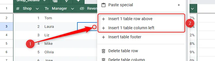 Menu chuột phải của một ô trong Google Sheets được mở rộng, và các tùy chọn để chèn cột hoặc hàng được làm nổi bật.