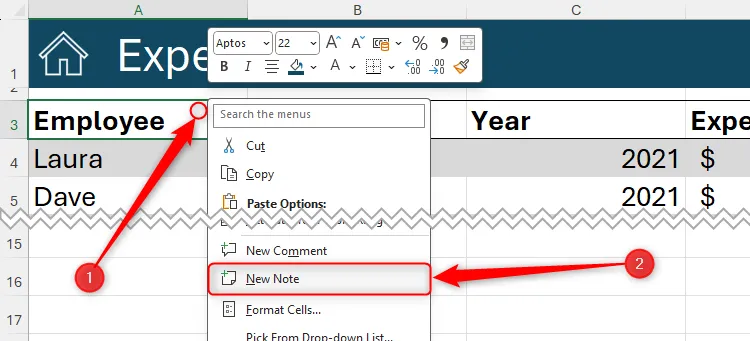 Menu chuột phải hiển thị trong ô Excel với tùy chọn &quot;New Note&quot; (Ghi chú mới) được chọn để thêm chú thích