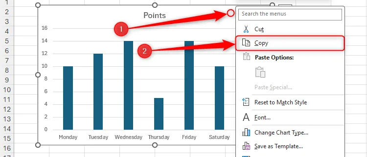 Menu chuột phải trên biểu đồ trong Excel được mở rộng, với tùy chọn 'Copy' (Sao chép) được chọn để chuẩn bị liên kết biểu đồ sang PowerPoint.