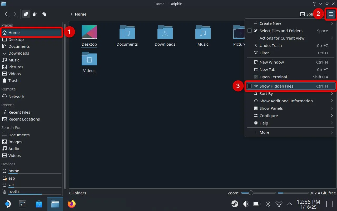 Menu hamburger trong Trình quản lý Tệp ở chế độ máy tính Steam Deck
