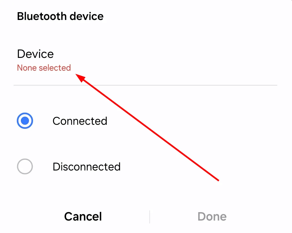 Menu hiển thị các thiết bị Bluetooth đã ghép nối để chọn làm điều kiện kết nối cho quy trình tự động