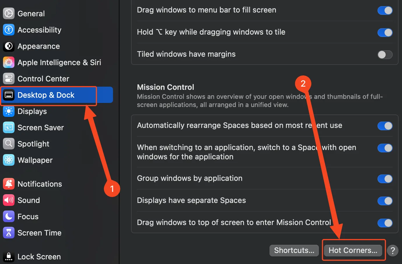 Menu Màn hình nền &amp; Dock trên macOS hiển thị các tùy chọn khác nhau