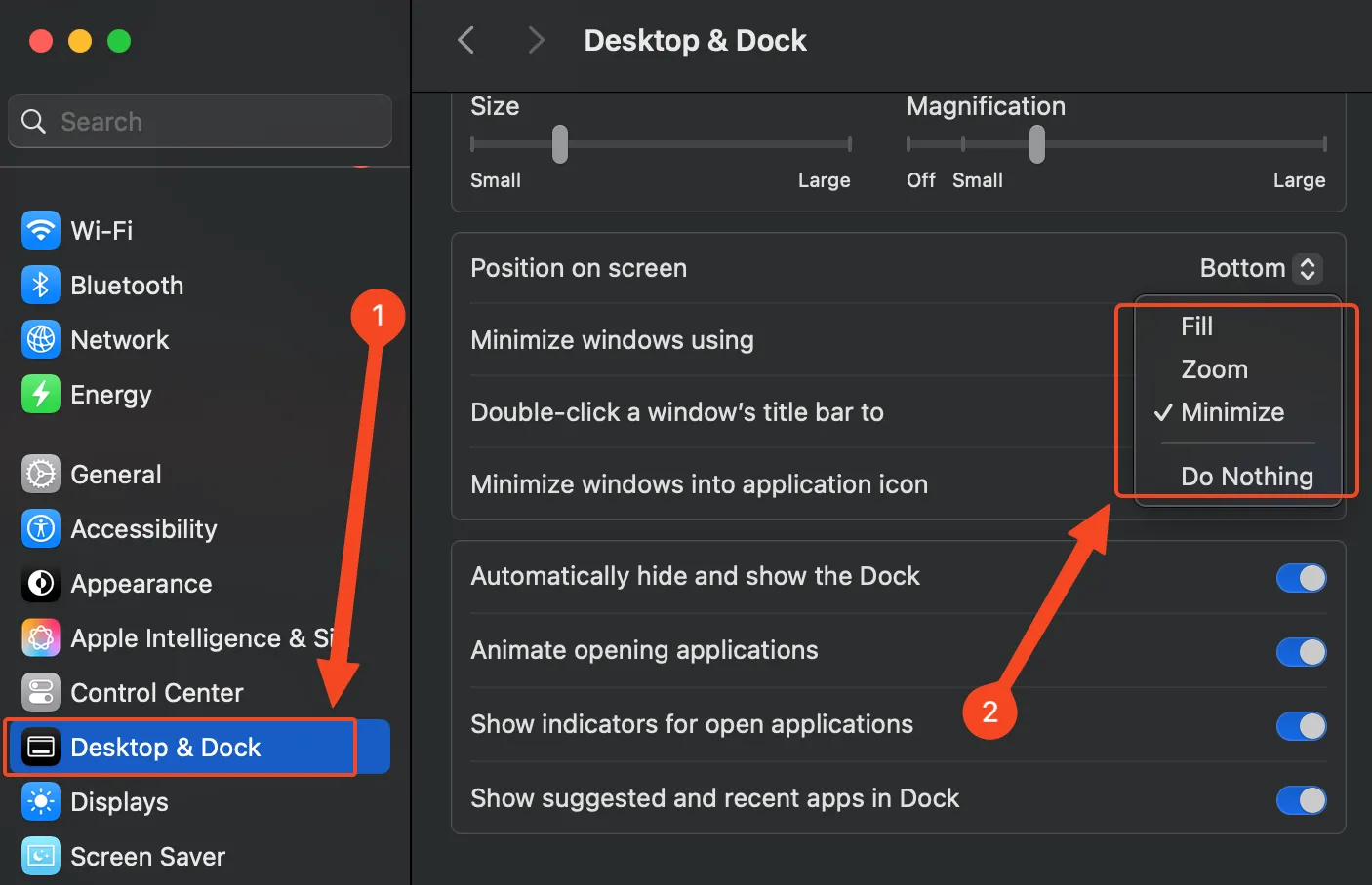 Menu Màn hình nền và Dock trên macOS hiển thị các tùy chọn khác nhau