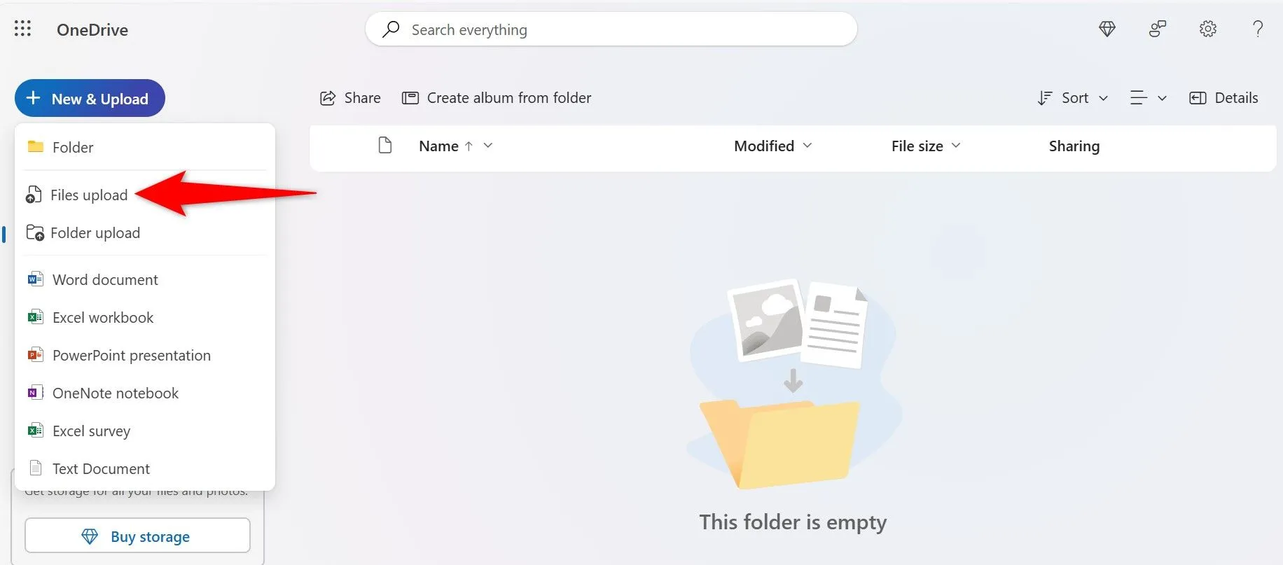Menu &quot;Mới&quot; và tùy chọn &quot;Tải lên tệp&quot; được đánh dấu trong giao diện Microsoft OneDrive để tải lên dữ liệu.
