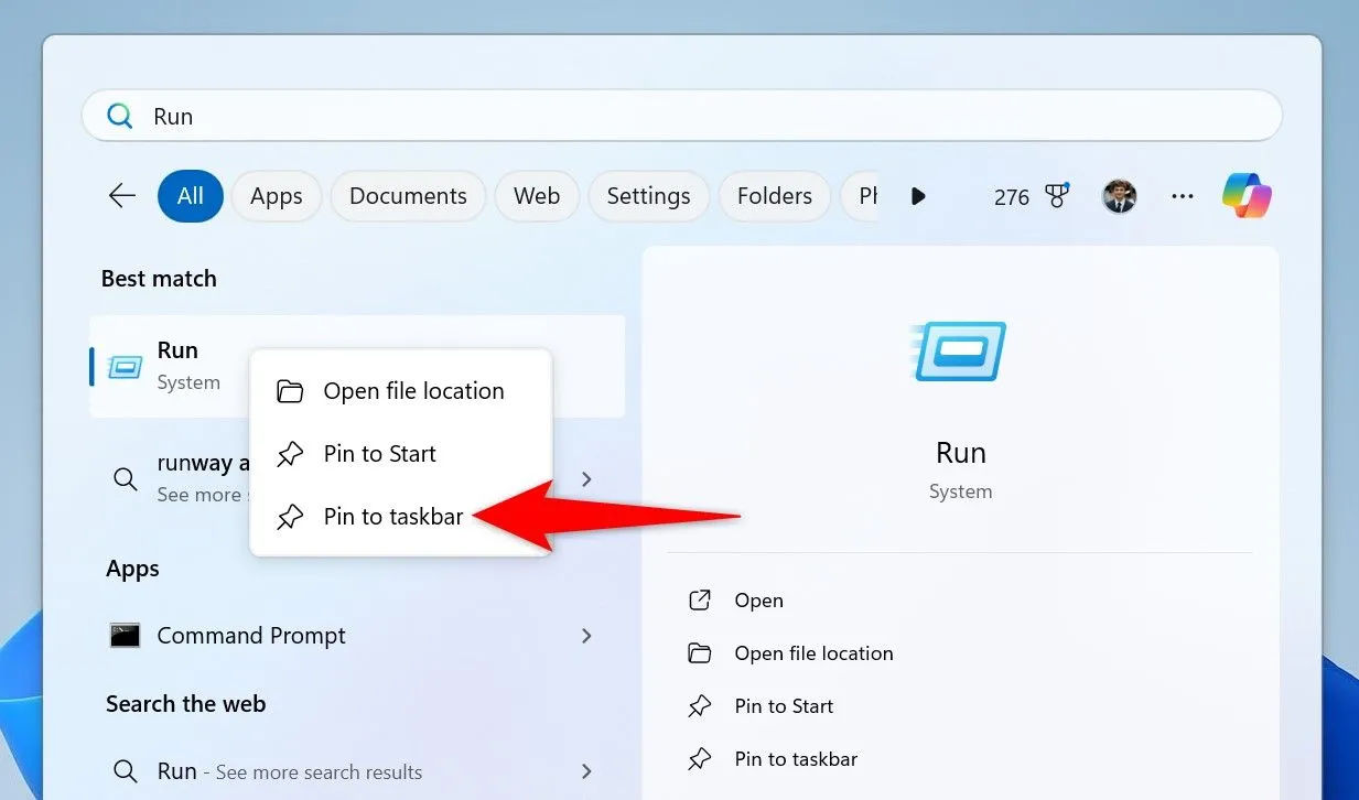 Menu ngữ cảnh của Run trong tìm kiếm Windows, với tùy chọn 'Pin to Taskbar' được đánh dấu.