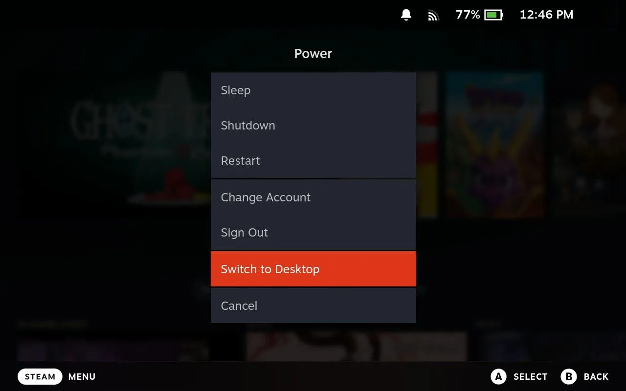 Menu nguồn Steam Deck hiển thị tùy chọn &quot;Chuyển sang Chế độ Máy tính&quot;