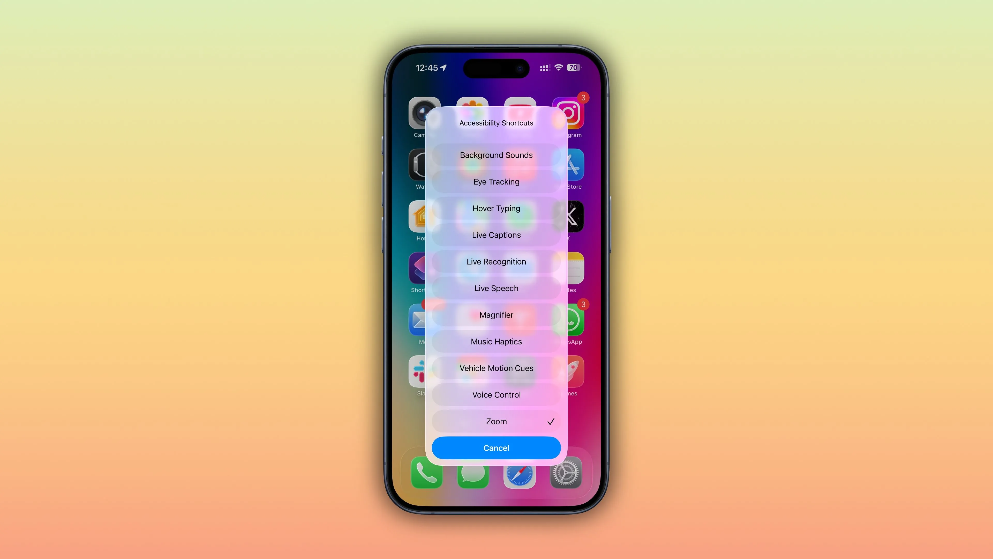 Menu Phím tắt trợ năng trên màn hình chính iPhone được kích hoạt bằng ba lần nhấn nút nguồn