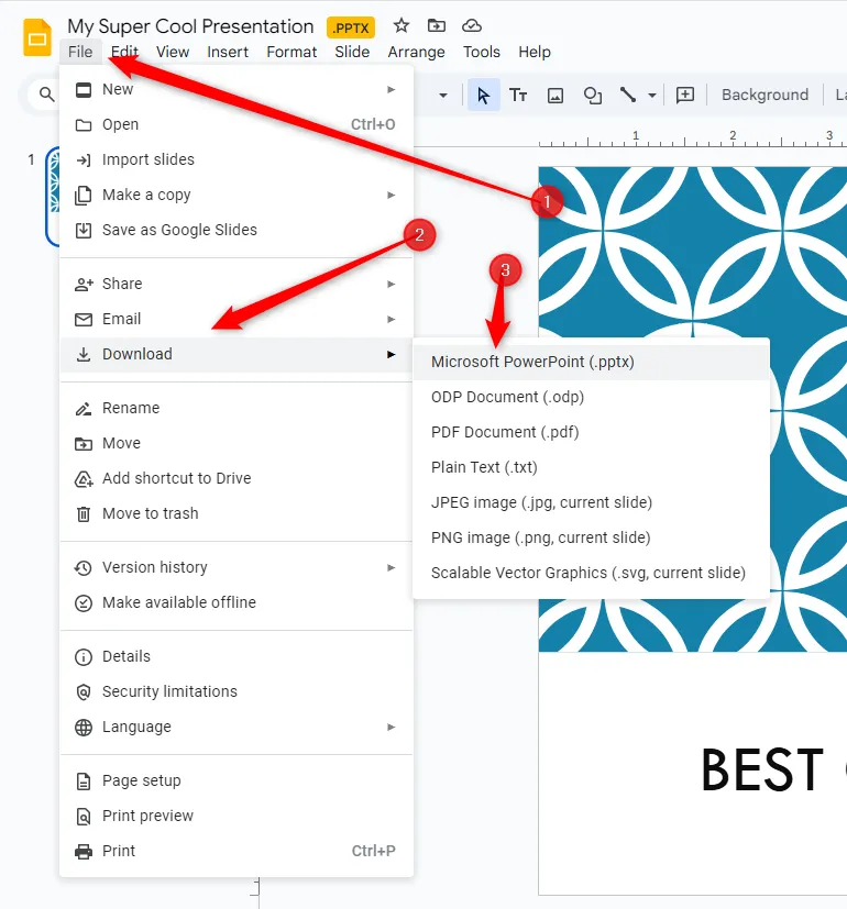Menu Tệp trong Google Slides với tùy chọn Tải xuống định dạng PowerPoint