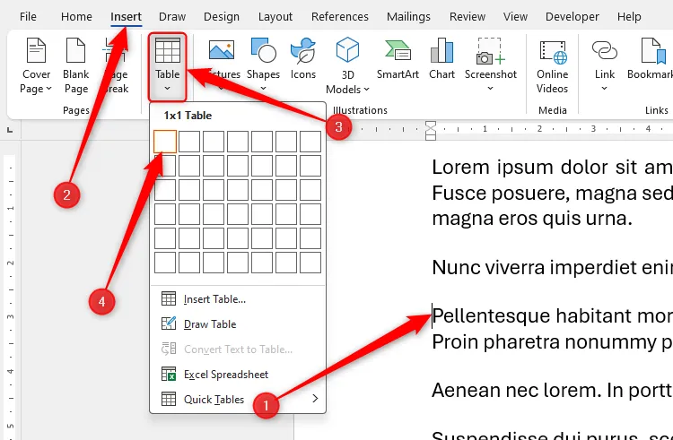 Menu thả xuống Bảng (Table) trong Microsoft Word, chọn bảng 1x1 để chèn ảnh
