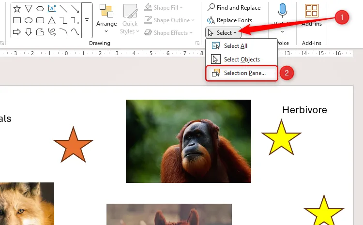 Menu thả xuống &quot;Chọn&quot; (Select) trong tab Trang chủ (Home) của PowerPoint đã mở rộng, với tùy chọn &quot;Bảng Chọn&quot; (Selection Pane) được đánh dấu, minh họa bước mở bảng điều khiển.