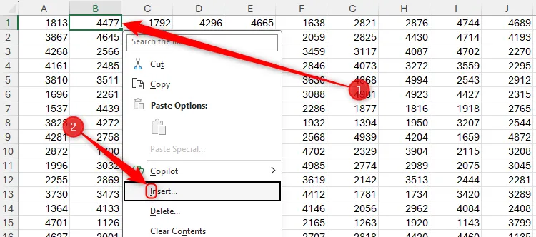 Menu thả xuống của ô B2 trong Excel được mở rộng và tùy chọn Insert được chọn