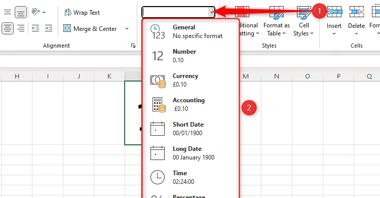 Menu thả xuống định dạng số trong Excel với các tùy chọn định dạng cơ bản