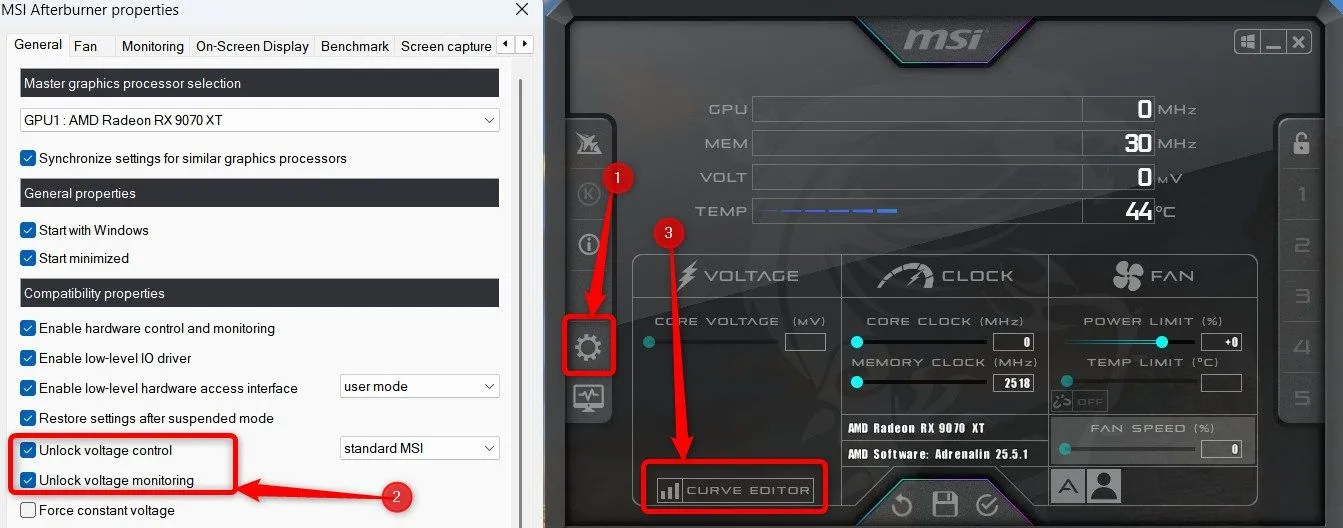 Menu tùy chọn trong MSI Afterburner, nơi kích hoạt điều khiển và giám sát điện áp GPU NVIDIA