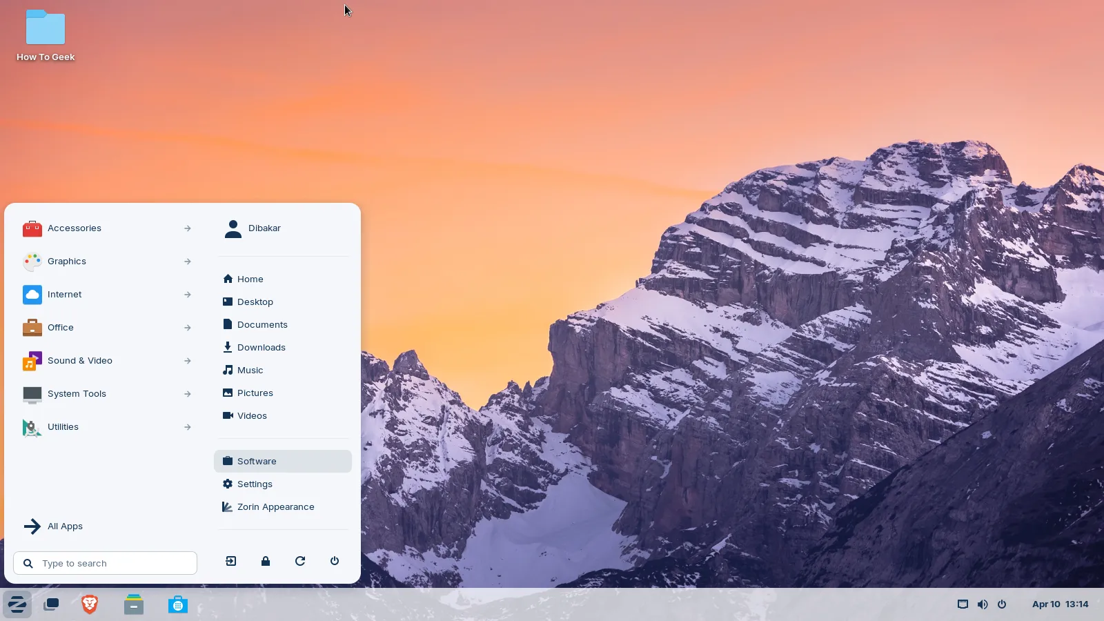 Menu ứng dụng của Zorin OS, có giao diện tương tự menu Start của Windows, với các biểu tượng ứng dụng và thanh tìm kiếm.