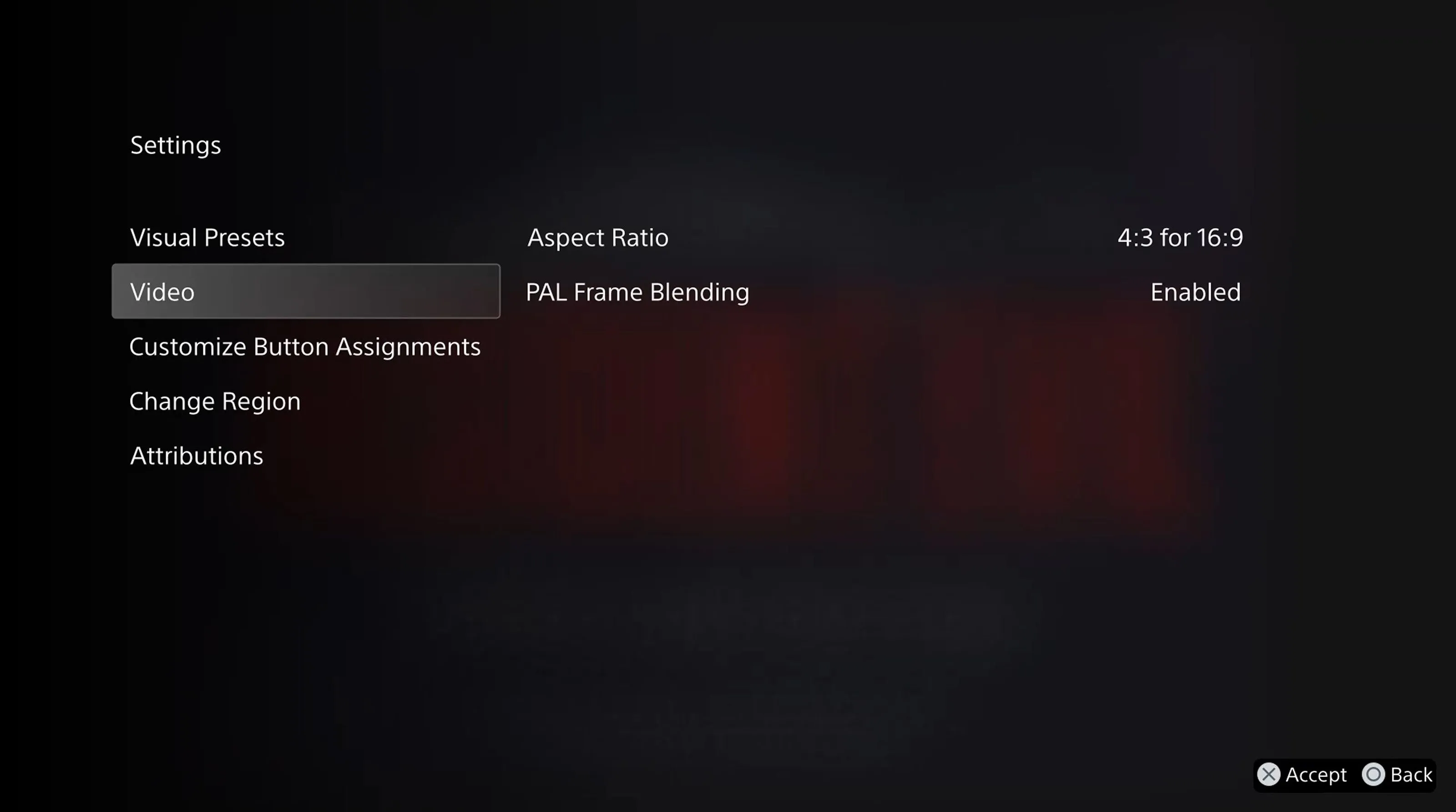 Menu &quot;Video&quot; trong cài đặt giả lập PlayStation Classics, hiển thị tùy chọn &quot;PAL Frame Blending&quot;