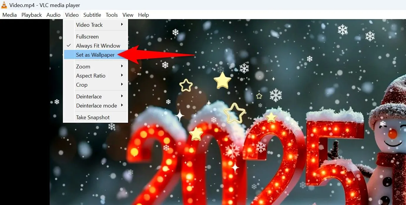 Menu Video trong VLC được làm nổi bật tùy chọn &quot;Đặt làm hình nền&quot; (Set as Wallpaper) để biến video thành background desktop