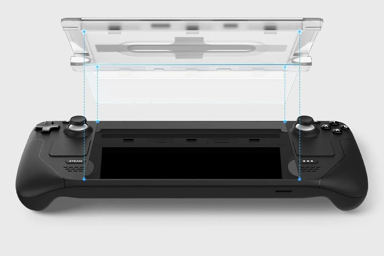 Miếng dán màn hình kính cường lực Spigen đang được dán lên Steam Deck