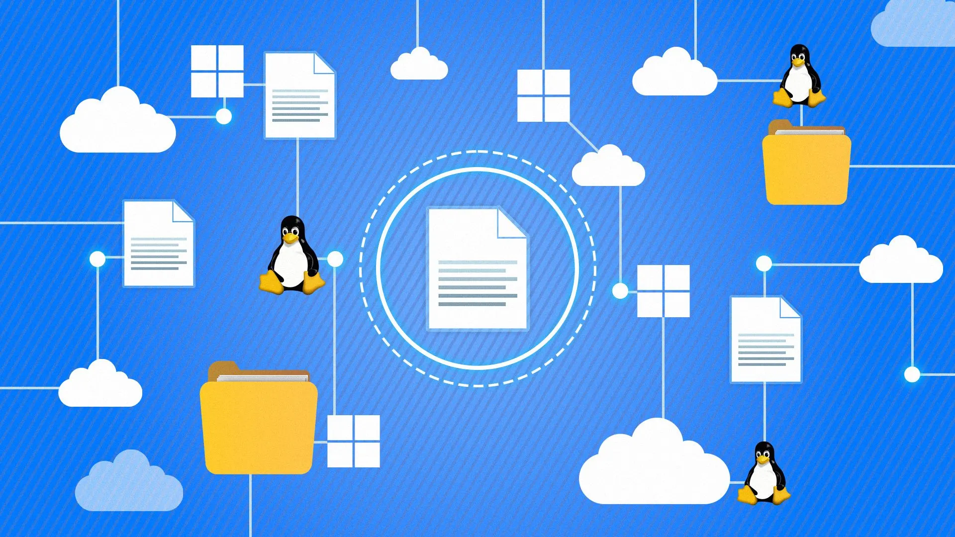 Minh họa các tệp và thư mục được kết nối giữa các hệ thống như Linux, Windows và đám mây