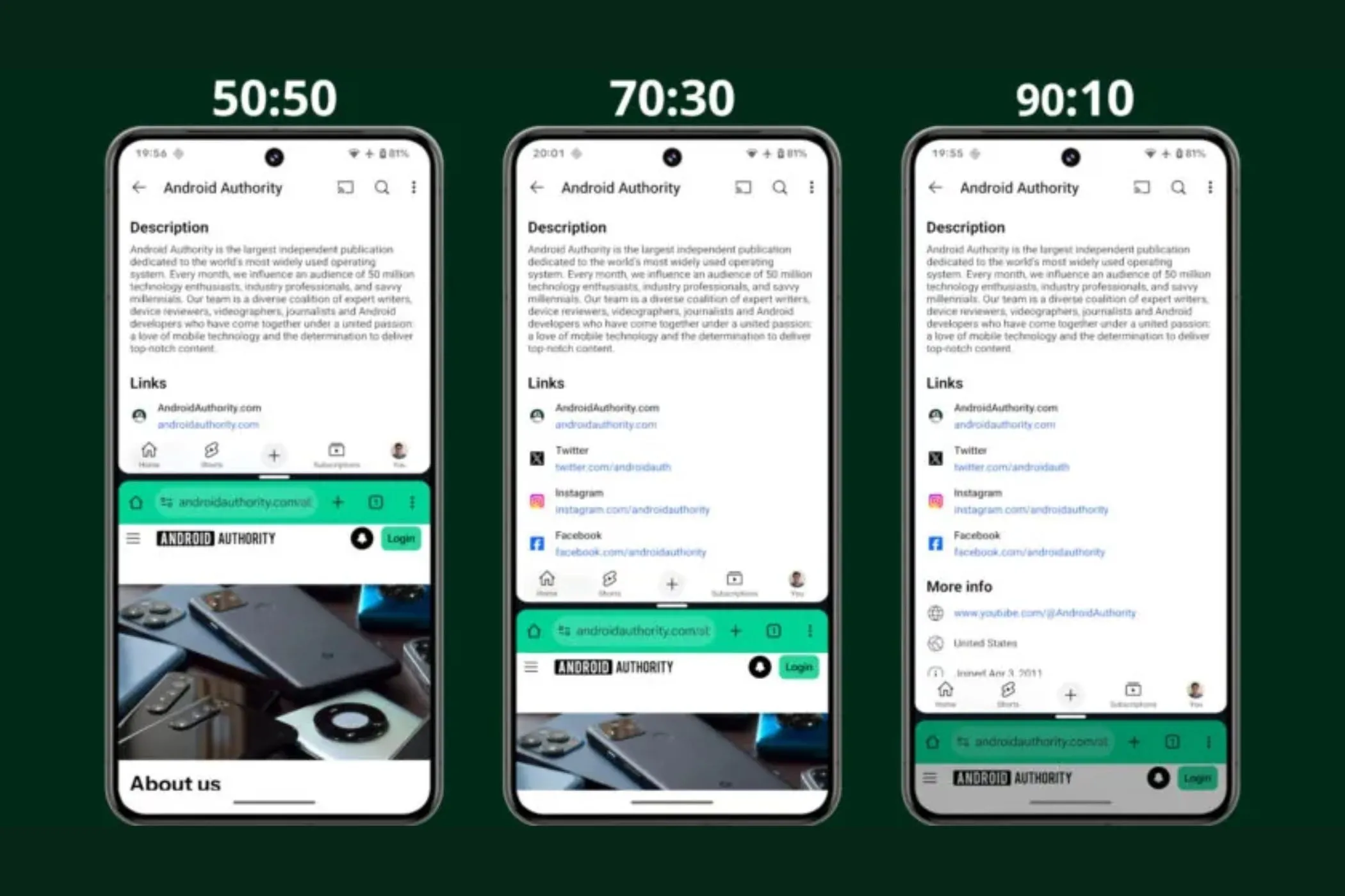 Minh họa các tỷ lệ chia đôi màn hình khác nhau, nhấn mạnh tính năng đa nhiệm 90:10 của One UI 8