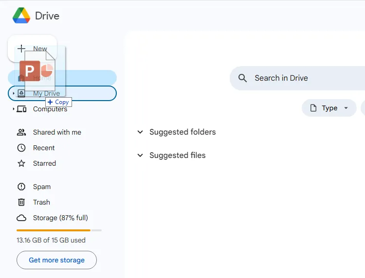 Minh họa cách kéo thả file PowerPoint vào Google Drive để nhập vào Google Slides