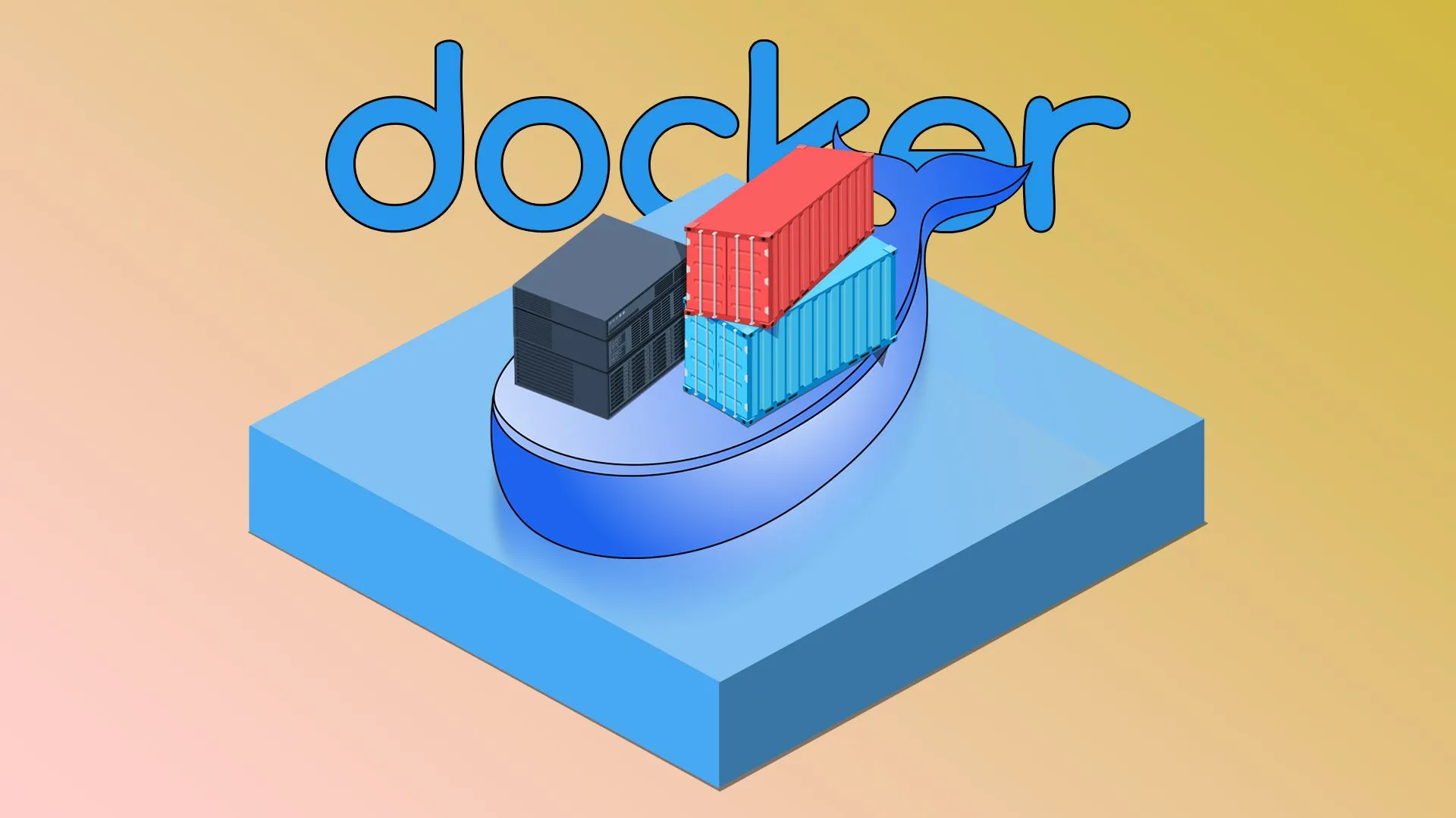 Minh họa logo Docker, hình ảnh cá voi cách điệu mang các container và một server NAS.
