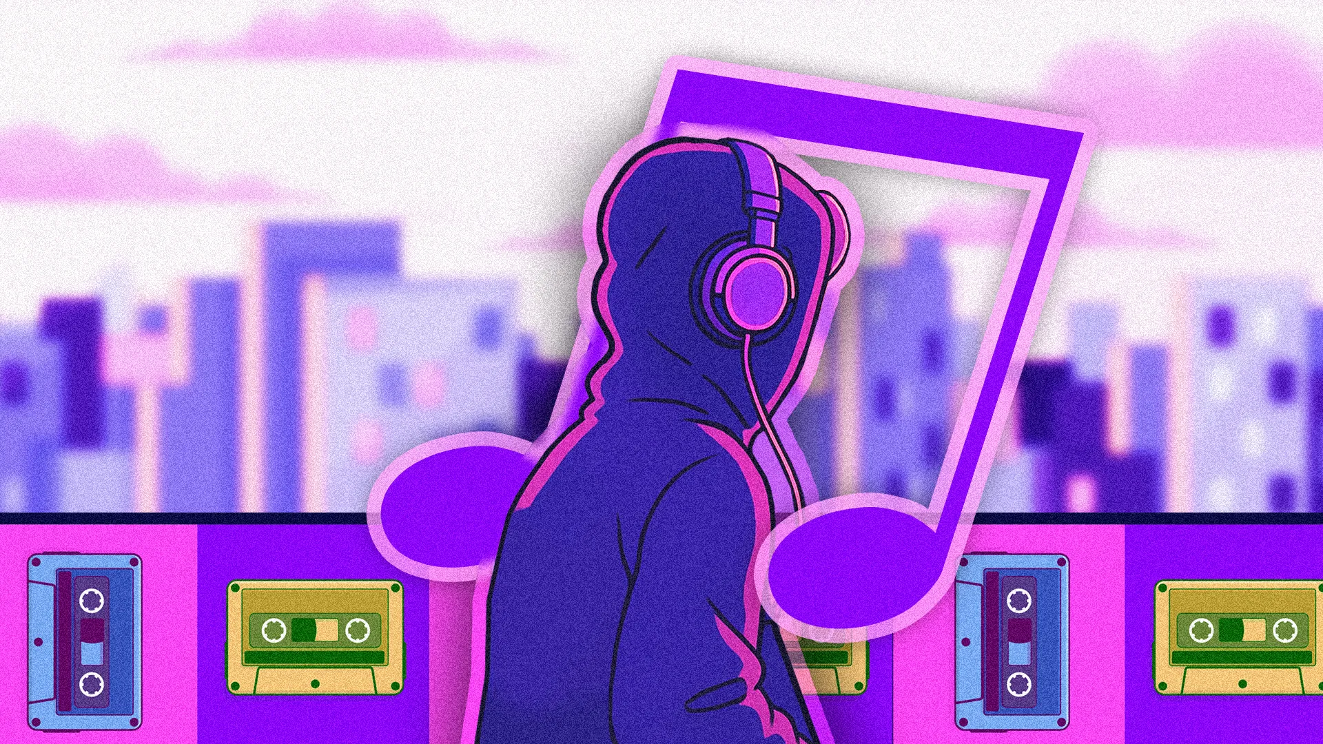 Minh họa một người trẻ đeo tai nghe, băng cassette và thành phố mờ ảo, liên quan đến nhạc lo-fi và gaming