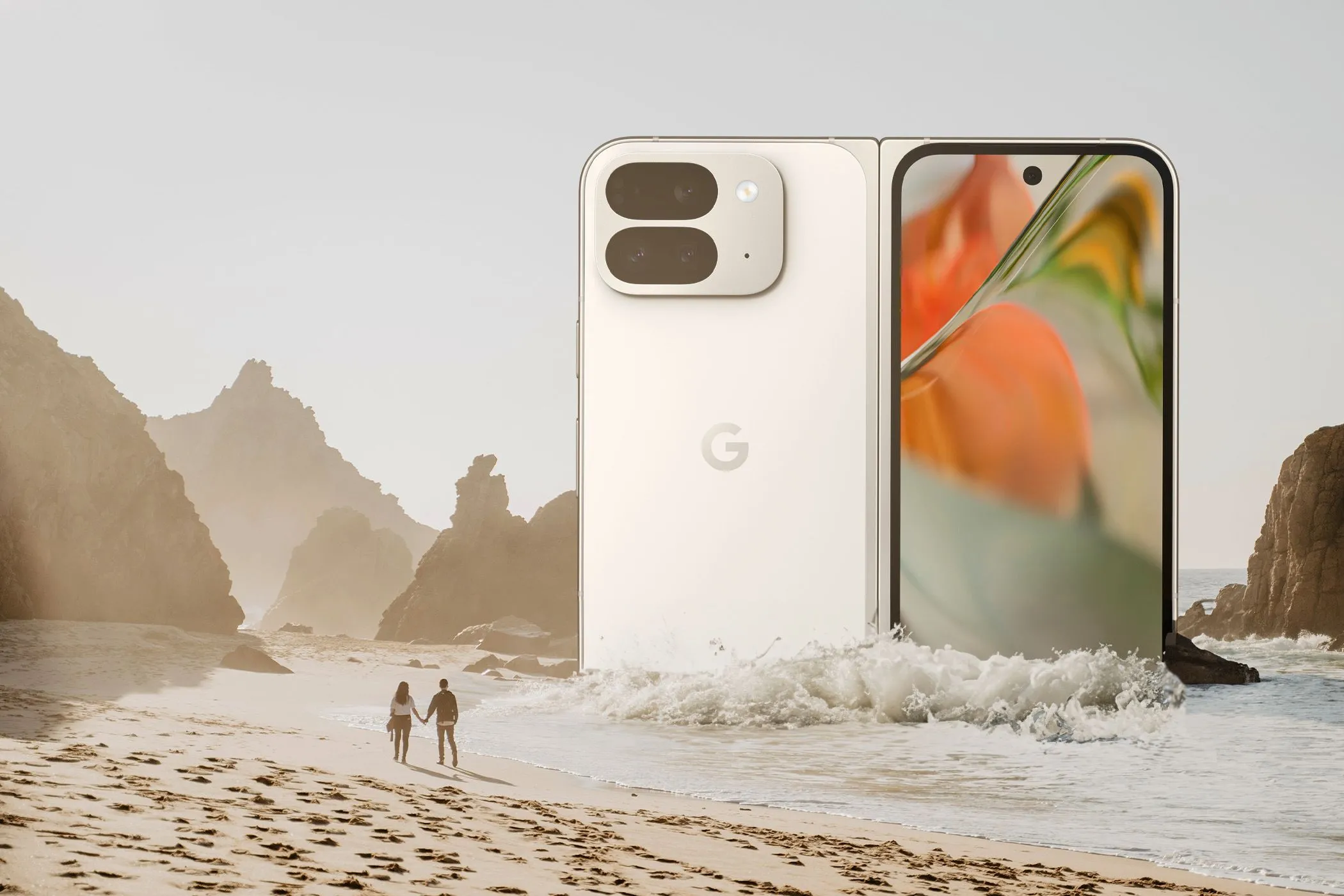 Minh họa Pixel 9 Pro Fold bên cạnh hai người nhỏ bé