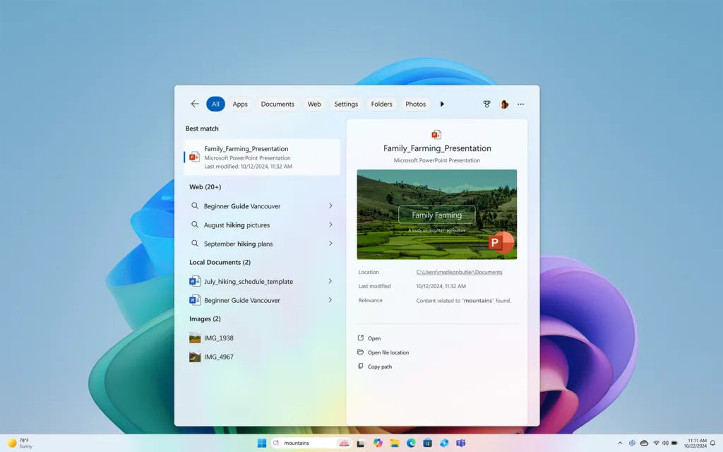Minh họa tính năng tìm kiếm Windows nâng cao, cho phép người dùng tìm kiếm theo ngữ cảnh như &quot;núi&quot; và hiển thị các tài liệu liên quan
