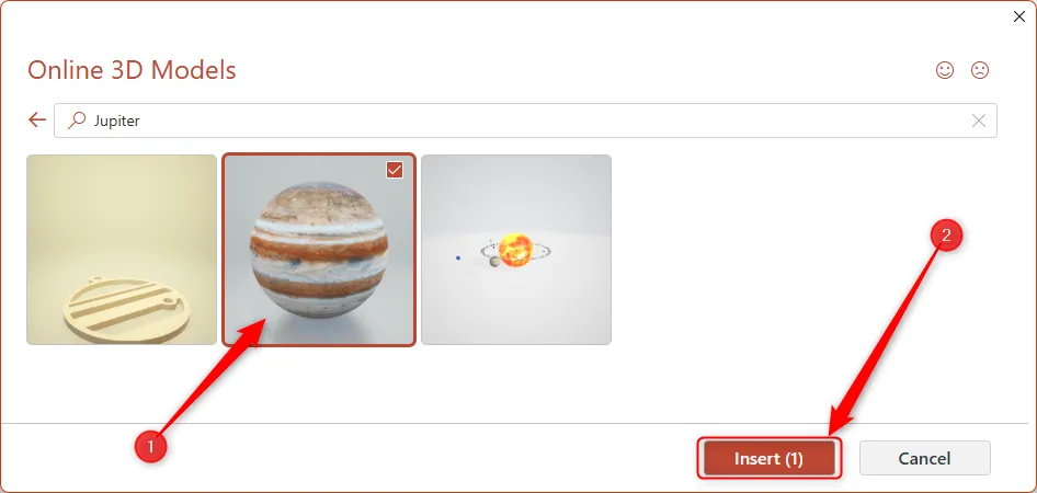 Mô hình 3D của Sao Mộc được chọn trong thư viện mô hình 3D của Microsoft PowerPoint, sẵn sàng để chèn vào trang chiếu.