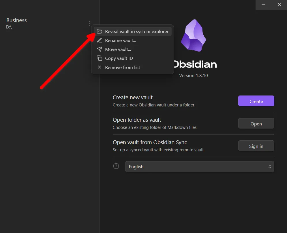 Mở thư mục Obsidian Vault trong Windows Explorer để xem cấu trúc file.