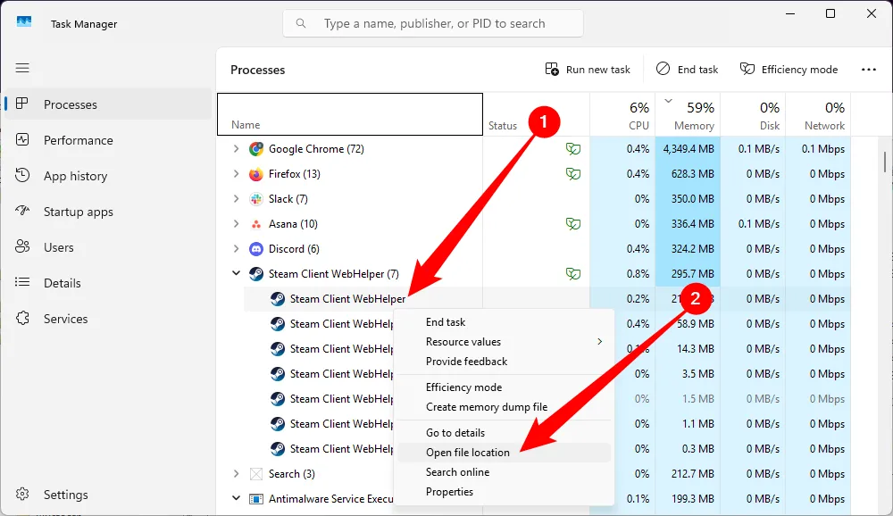 Mở vị trí tệp của một tiến trình đáng ngờ trong Task Manager