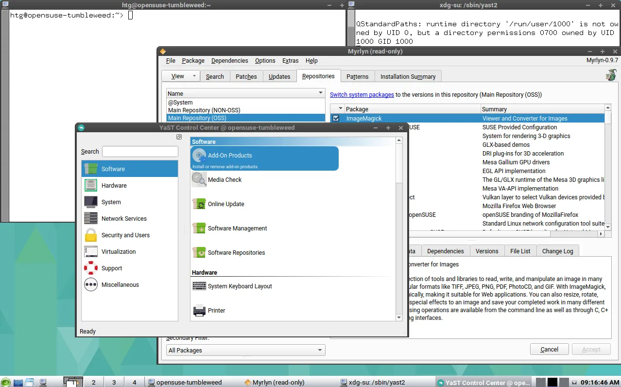 Môi trường desktop icewm tối giản trên openSUSE, hiển thị một số ứng dụng đang mở.