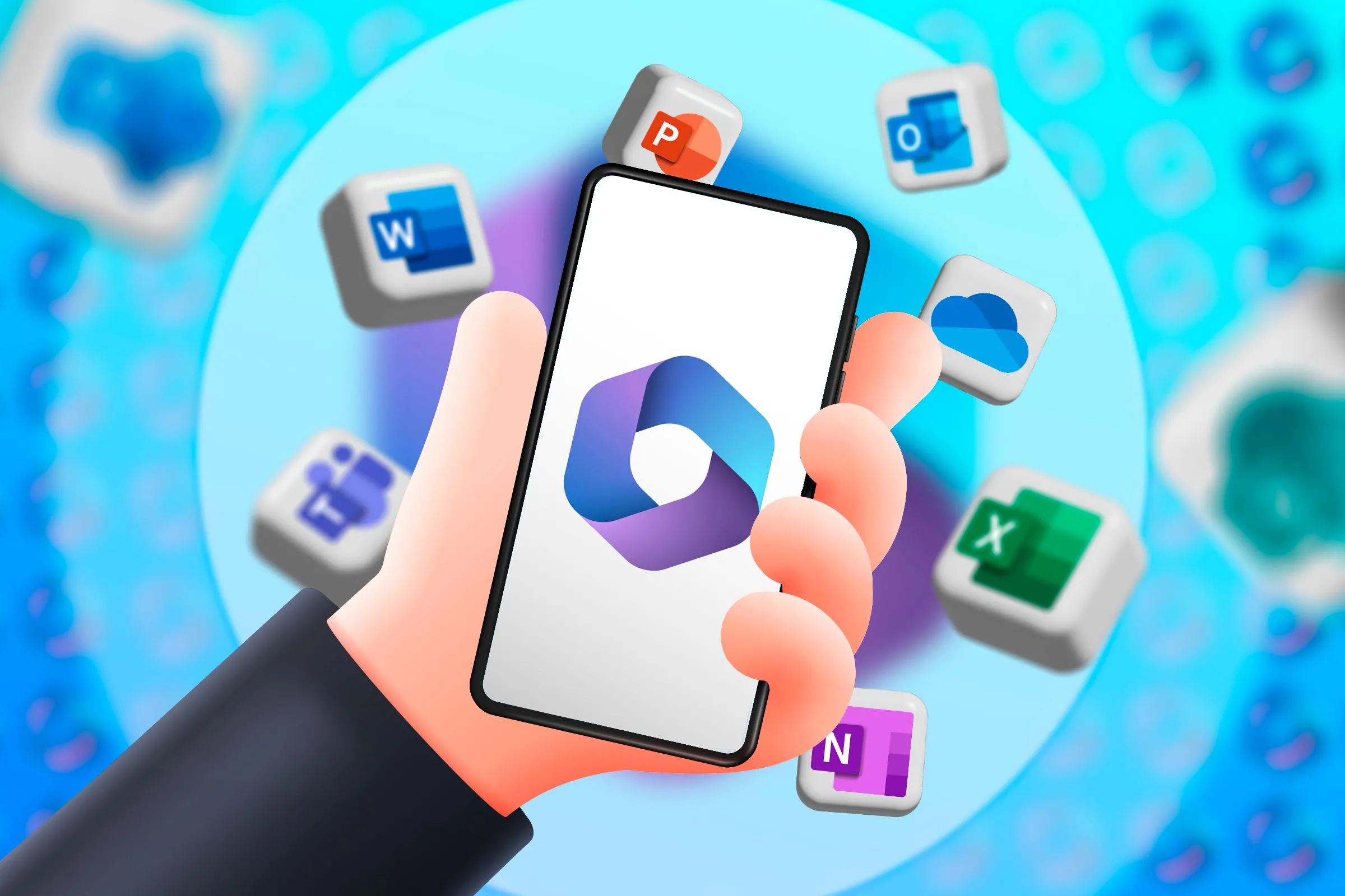Một bàn tay cầm điện thoại với logo Microsoft 365 và các biểu tượng ứng dụng xung quanh, biểu thị việc tăng giá do AI