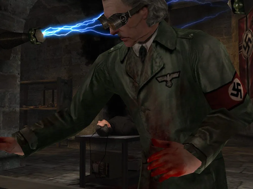 Một cảnh chiến đấu khác trong Return to Castle Wolfenstein, thể hiện sự đa dạng của kẻ thù