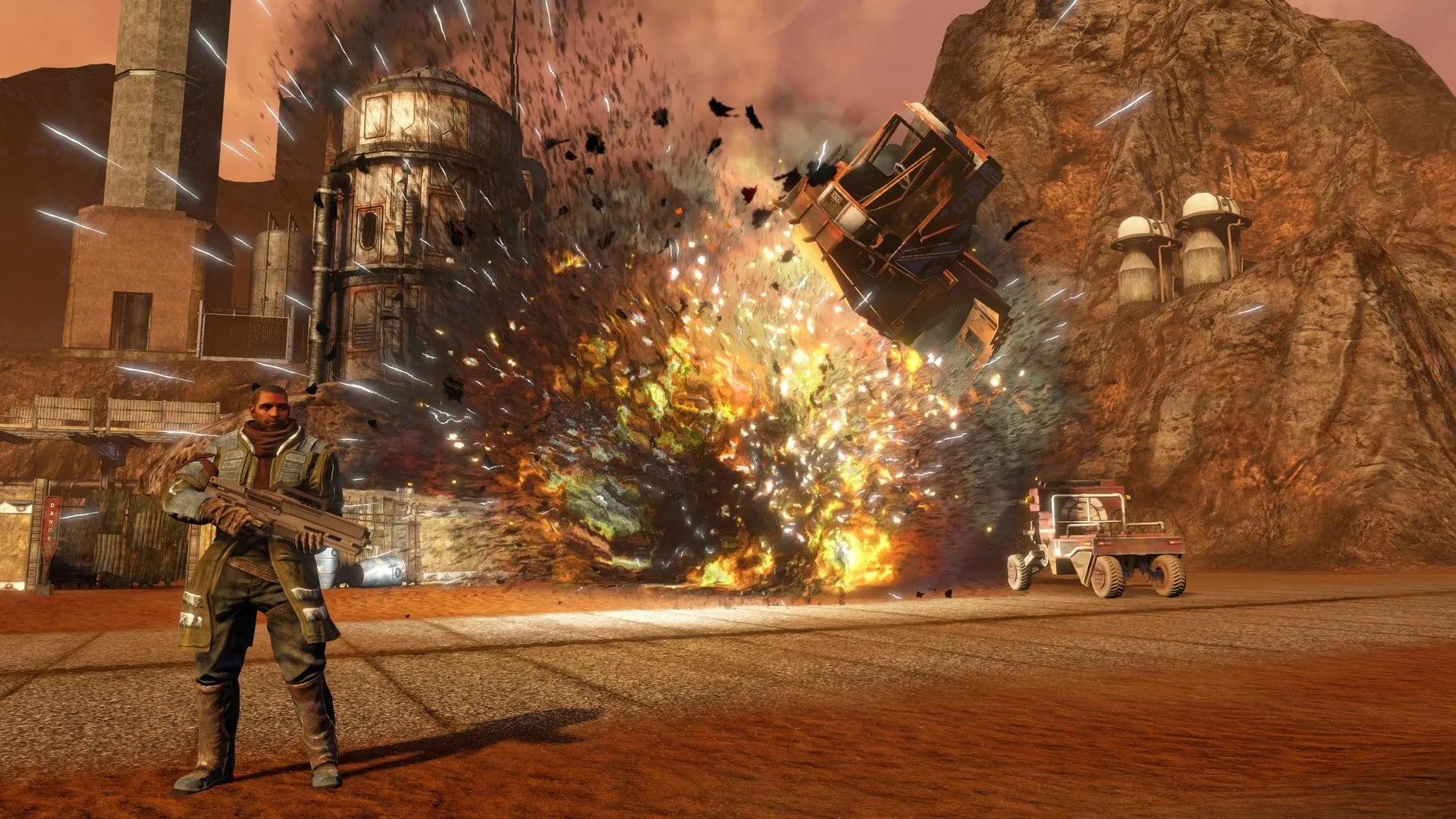Một cảnh trong Red Faction: Guerilla, minh họa cho các tựa game có khả năng phá hủy môi trường và vật thể thực tế, tương tự như động cơ vật lý của BeamNG.drive.