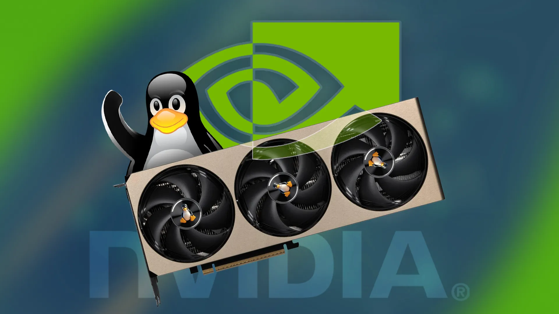 Một card đồ họa GPU cùng với biểu tượng linh vật của Linux và logo Nvidia ở phía sau, minh họa việc cài đặt driver Nvidia trên Linux.